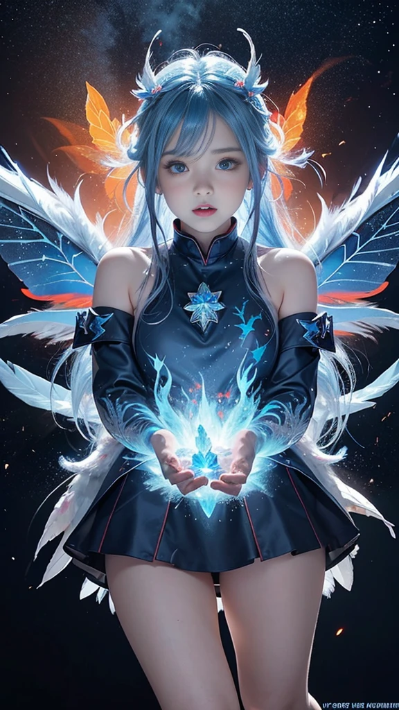 castle,loli,kawaii,huge filesize,in winter,(blue spark),(red and blue hair),blue eyes, burning sky,flame,Rainbow in the sky,((Flames burning ice)),(((fire butterflies))),(((ice crystal texture wings))),(Flying sparks),(detailed ice),((a lot of luminous ice crystals)),((burning feathers)),(feathers made of ice),(frozen feathers),(((ice and fire together))),naughty_face,bullying,