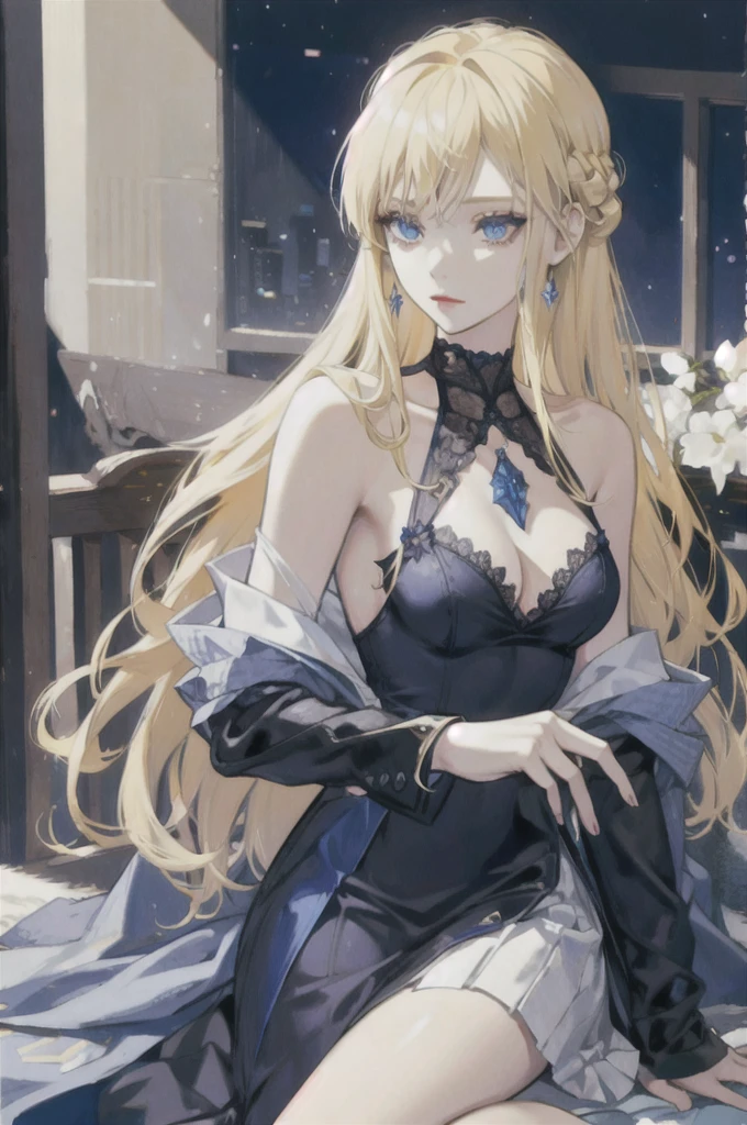 Blonde haired woman, blue eyes, Alone，elegant, royalties, Young woman, Solitary, Mature, fair，Modern dynamics，skirt，Killer