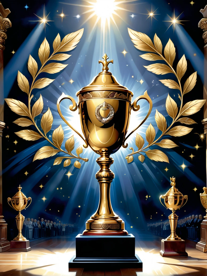 Champion-related designs. The image should depict a golden trophy decorated with laurel leaves, Symbolizes victory and achievement. in the background, Giant First, Shining with dazzling light, Symbolizes first place or victory. The base of the trophy is engraved with an intricate arabesque pattern, Demonstrating the dignity and glory of championship status. The scene is set on a grand podium，Lights pointing to the trophy, Cast a dramatic shadow, Emphasize the importance of being a champion.