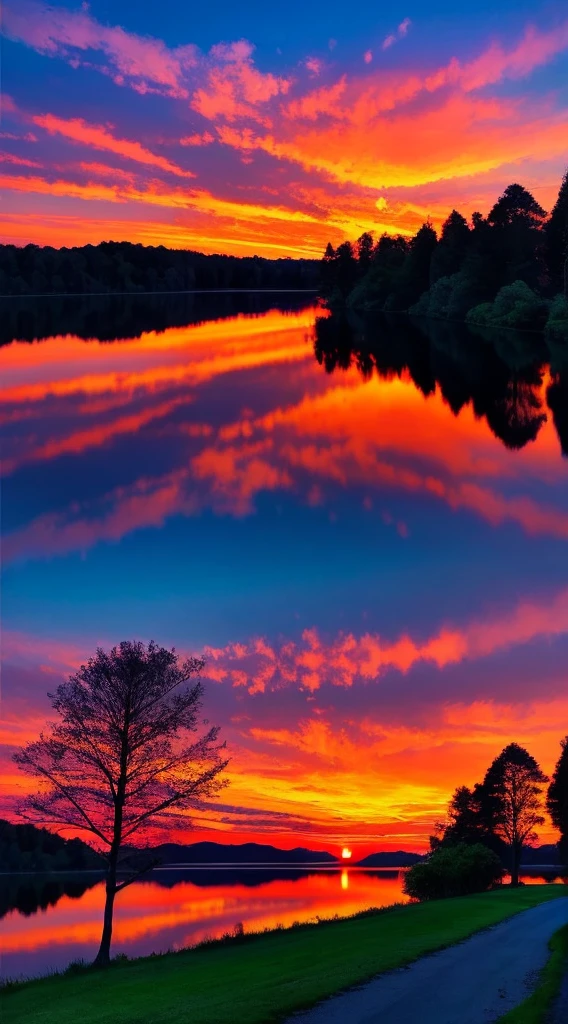 there is a beautiful sunset with a lake and trees in the background, colorful skies, surreal colors, colorful sunset, colorful sky, marvellous reflection of the sky, stunning sky, dream like atmosphere 8k, colorful clouds, colors reflecting on lake, surreal sky, red and blue reflections, fire reflection, beautiful sky, beautiful and spectacular dusk, beautiful dreamy landscape, amazing sky