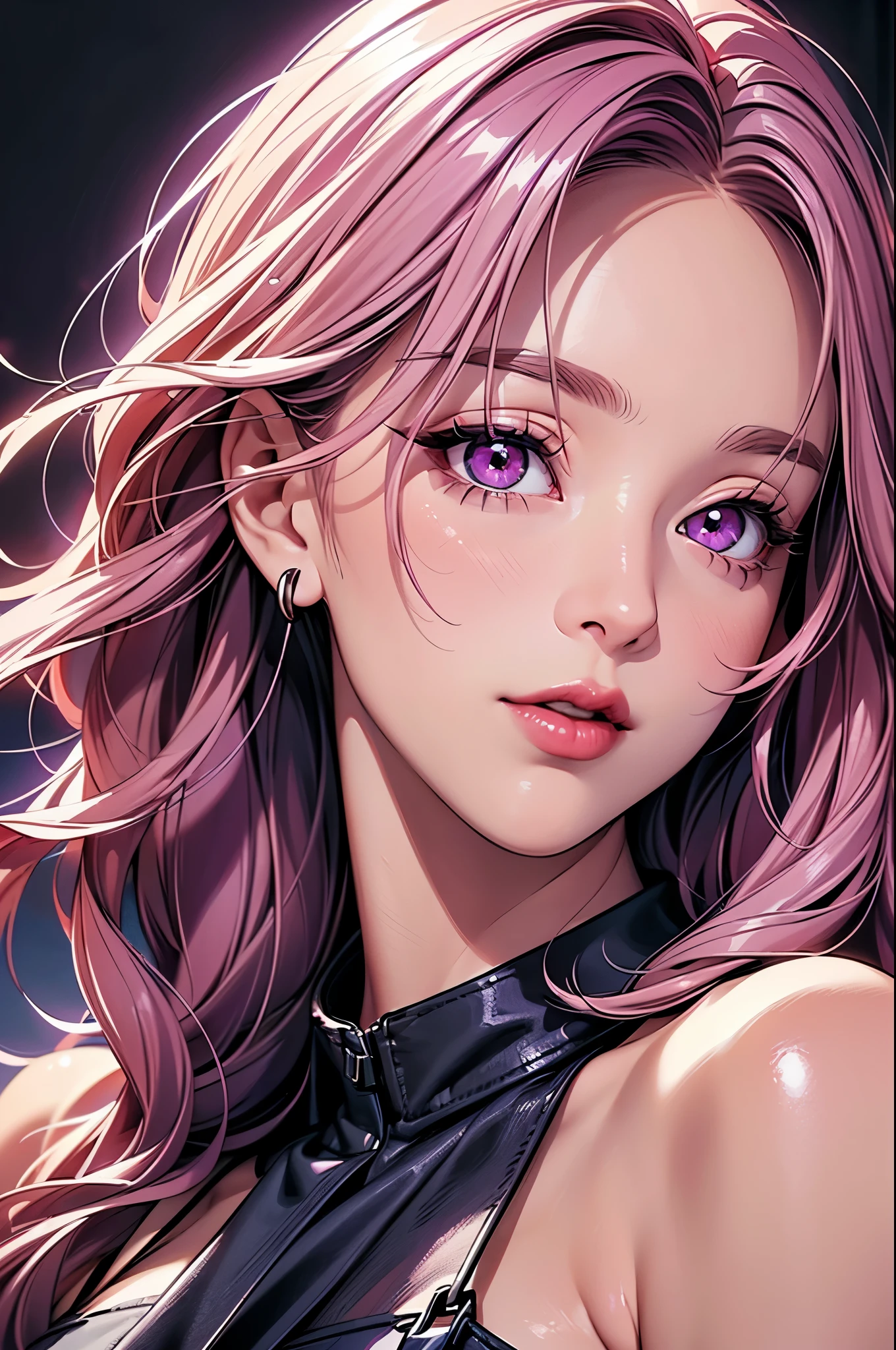 (Best quality at best,8K,A high resolution,tmasterpiece:1.2),Digital artwork, one girl，detailed face，detailed eyes，pink hair，long straight hair，glowing purple eyes，red lip，Suspenders