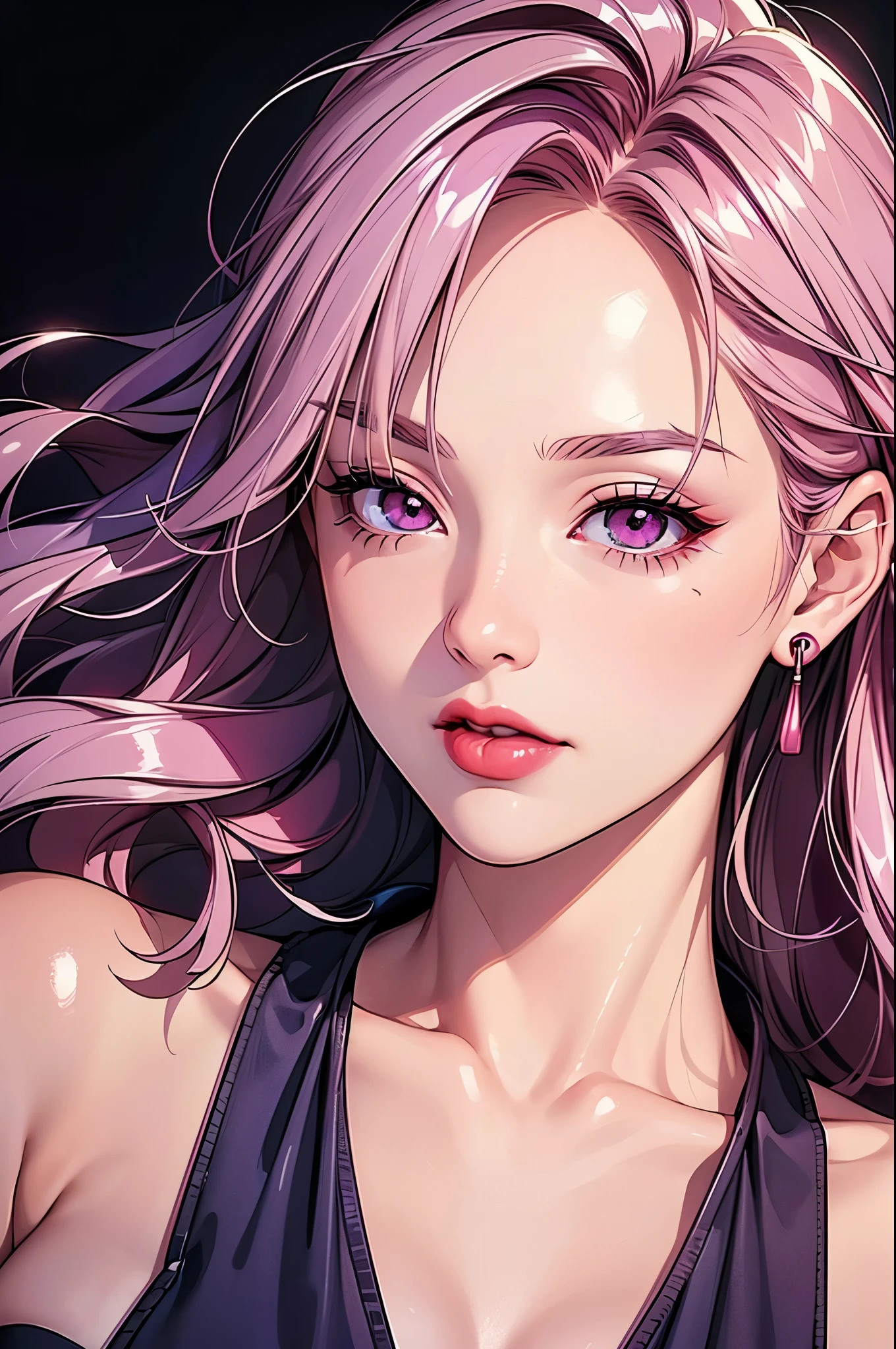 (Best quality at best,8K,A high resolution,tmasterpiece:1.2),Digital artwork, one girl,detailed face,detailed eyes,pink hair,long straight hair,glowing purple eyes,red lip,Suspenders