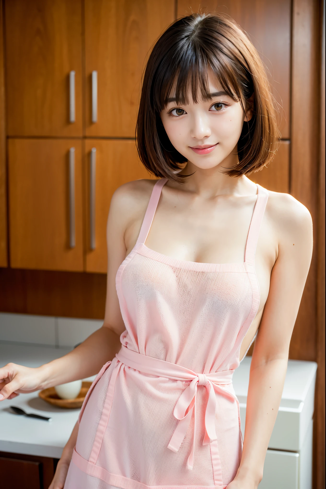highest quality, Face Focus, Soft Light, Ultra-high resolution, (Realistic:1.4), RAW Photos, so beautiful Clean and elegant intellectual
1 Japanese girl, alone, cute,kind Beautiful face in every detail, (High resolution detail of human skin texture),
indoor, ((Amazingly thin and tiny pink knit camisole apron)) Beautiful breasts Wearing a boldly revealing apron
(Portraiture) High resolution focused on the eye smile See-through bangs The background is the protagonist Wide and deep background Luxurious and beautiful kitchen Thin eyebrows Beautiful breasts very cute Beautiful white skin Beautiful Hair (Very stylish and beautiful straight bob hair:1.3)