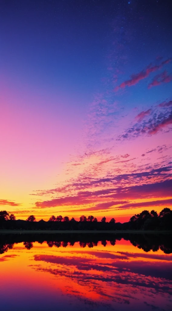 there is a beautiful sunset with a lake and trees in the background, colorful skies, surreal colors, colorful sunset, colorful sky, marvellous reflection of the sky, stunning sky, dream like atmosphere 8k, colorful clouds, colors reflecting on lake, surreal sky, red and blue reflections, fire reflection, beautiful sky, beautiful and spectacular dusk, beautiful dreamy landscape, amazing sky