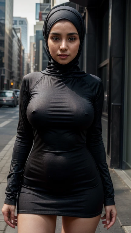 (8k, 4k, best quality, highres, ultra high res:1.1), (masterpiece, realistic, photo-realistic:1.1), 1girl, hijab, tight dress, flirting pose