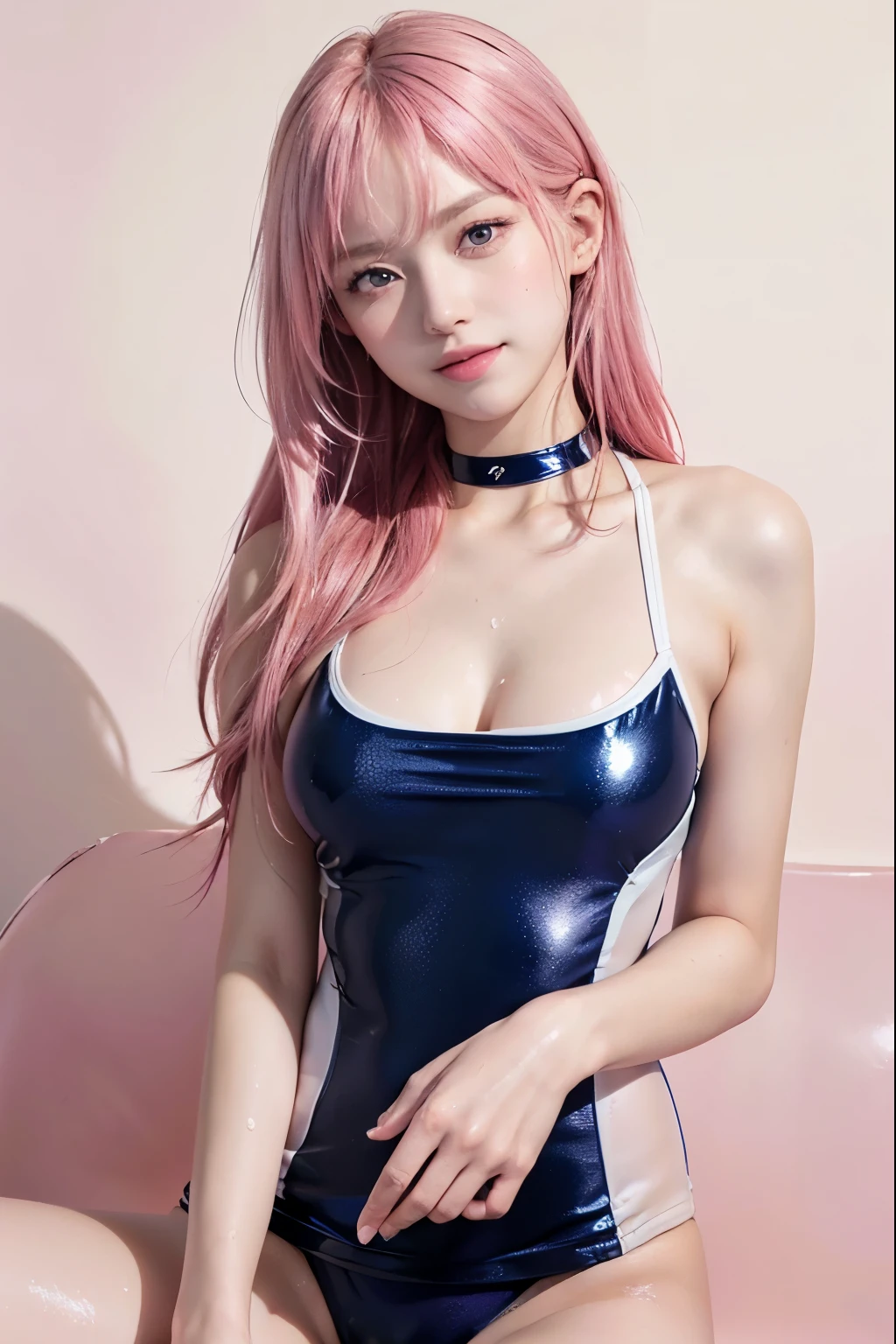 (8k, highest quality, masterpiece:1,2), (Realistic, Photorealistic:1.37), Super Detail, One Girl,), (Very detailedな), (Beautiful and detailed eyes), (highest quality), (Very detailed ), (masterpiece), (Detailed face),20-year-old, ,1 girl, ((Pink Hair,Long Hair)), Medium chest, Dressed, Perfect lighting, break, (Navy blue:1.2), (white trim:1.2), (Anchor Pattern:1.2), (spandex:1.2), (Shiny school swimsuit:1.5), (Deep neckline:1.5),( Very shiny:1.2), (high cut leg:1.5), (Bodycon:1.3), (Ribbon Details:1.2), (No socks:1.1), (Navy heels:1.1), (Gold Jewelry:1.1), brake, (From the upper body to the knees:1.2), (long Pink Hair:1.2), (Wavy Hair:1.1), (Captivating smile:1.3), (Look down:1.2), (Tilt your hips:1.4), (Put your hands on the straps of your swimsuit:1.3), (Put one foot in front of the other:1.2), (Soft lighting:1.2), (Pink gradient background:1.1), brake (Sweat:1.5), (vapor:1.2), ( handjob gesture:1.2), (Girl trembling with sexual climax:1.1),