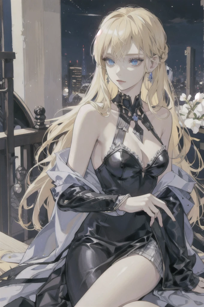 Blonde haired woman, blue eyes, Alone，elegant, royalties, Young woman, Solitary, Mature, fair，Modern dynamics，skirt，Killer，Leather，Night，Rooftop