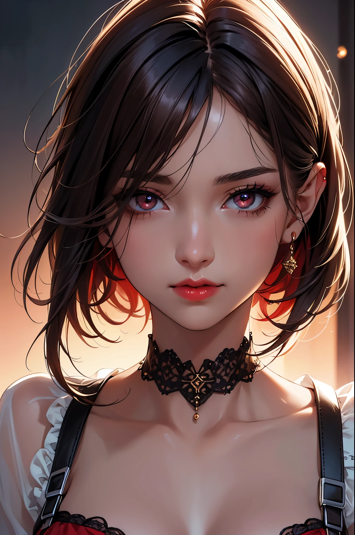 (Best quality at best,8K,A high resolution,tmasterpiece:1.2),Digital artwork, one girl,detailed face,detailed eyes,dark brown hair,short straight hair,glowing amber eyes,red lip,Suspenders