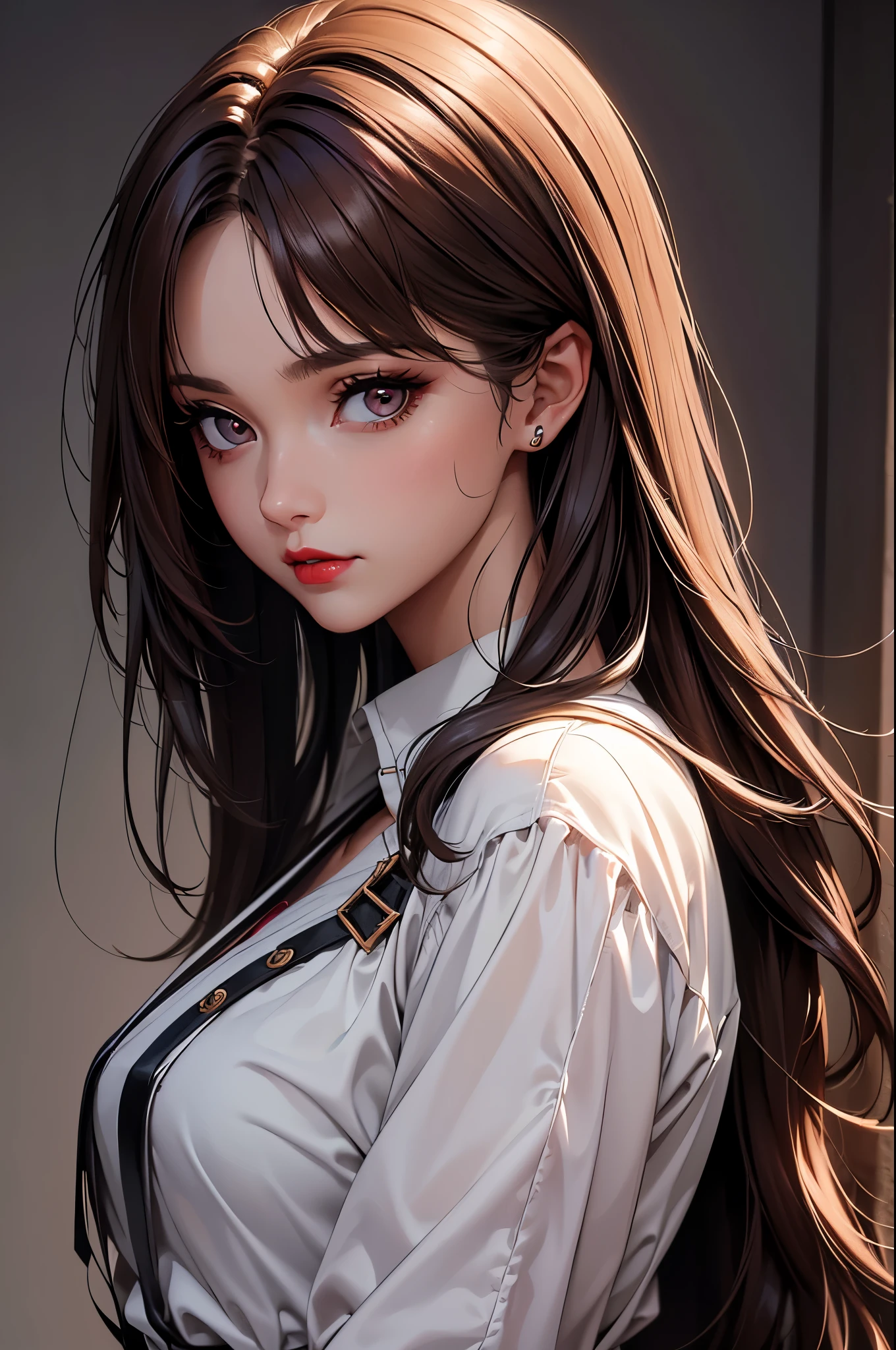 (Best quality at best,8K,A high resolution,tmasterpiece:1.2),Digital artwork, one girl，detailed face，detailed eyes，dark brown hair，short straight hair，glowing amber eyes，red lip，Suspenders