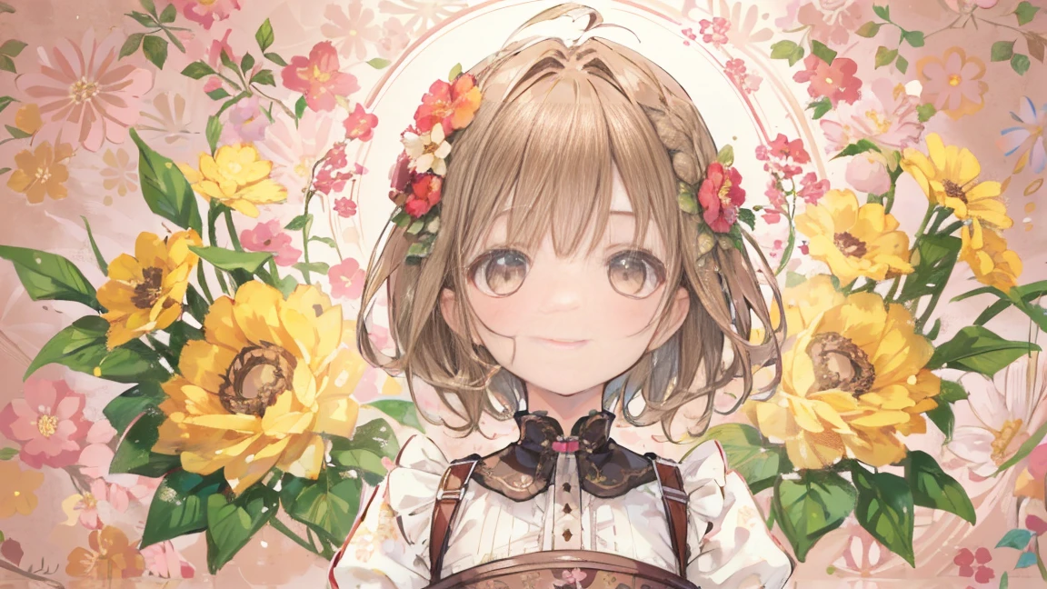 girl,(Light brown hair),(short hair),(Braiding:1.2),((corset)),(pantyhose),Big smile,cute,Face close-up,(Floral Background:1.3),