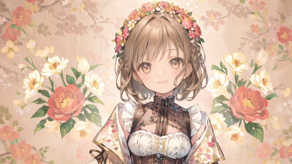 girl,(Light brown hair),(short hair),(Braiding:1.2),((corset)),(pantyhose),Big smile,cute,Face close-up,(Floral Background:1.3),