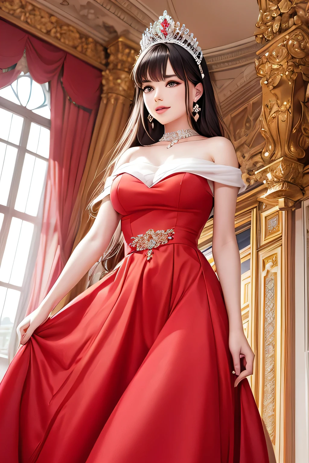 A beautiful princess,In the royal palace,Wearing a red dress,White skin,Love to laugh,Hair blown by the wind