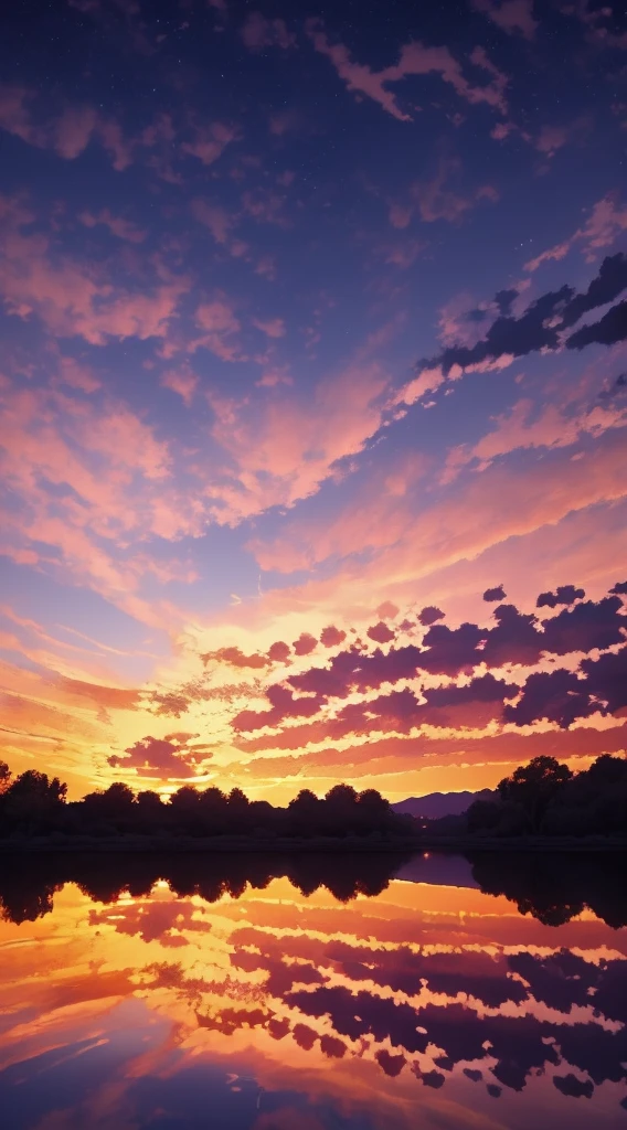 there is a beautiful sunset with a lake and trees in the background, colorful skies, surreal colors, colorful sunset, colorful sky, marvellous reflection of the sky, stunning sky, dream like atmosphere 8k, colorful clouds, colors reflecting on lake, surreal sky, red and blue reflections, fire reflection, beautiful sky, beautiful and spectacular dusk, beautiful dreamy landscape, amazing sky