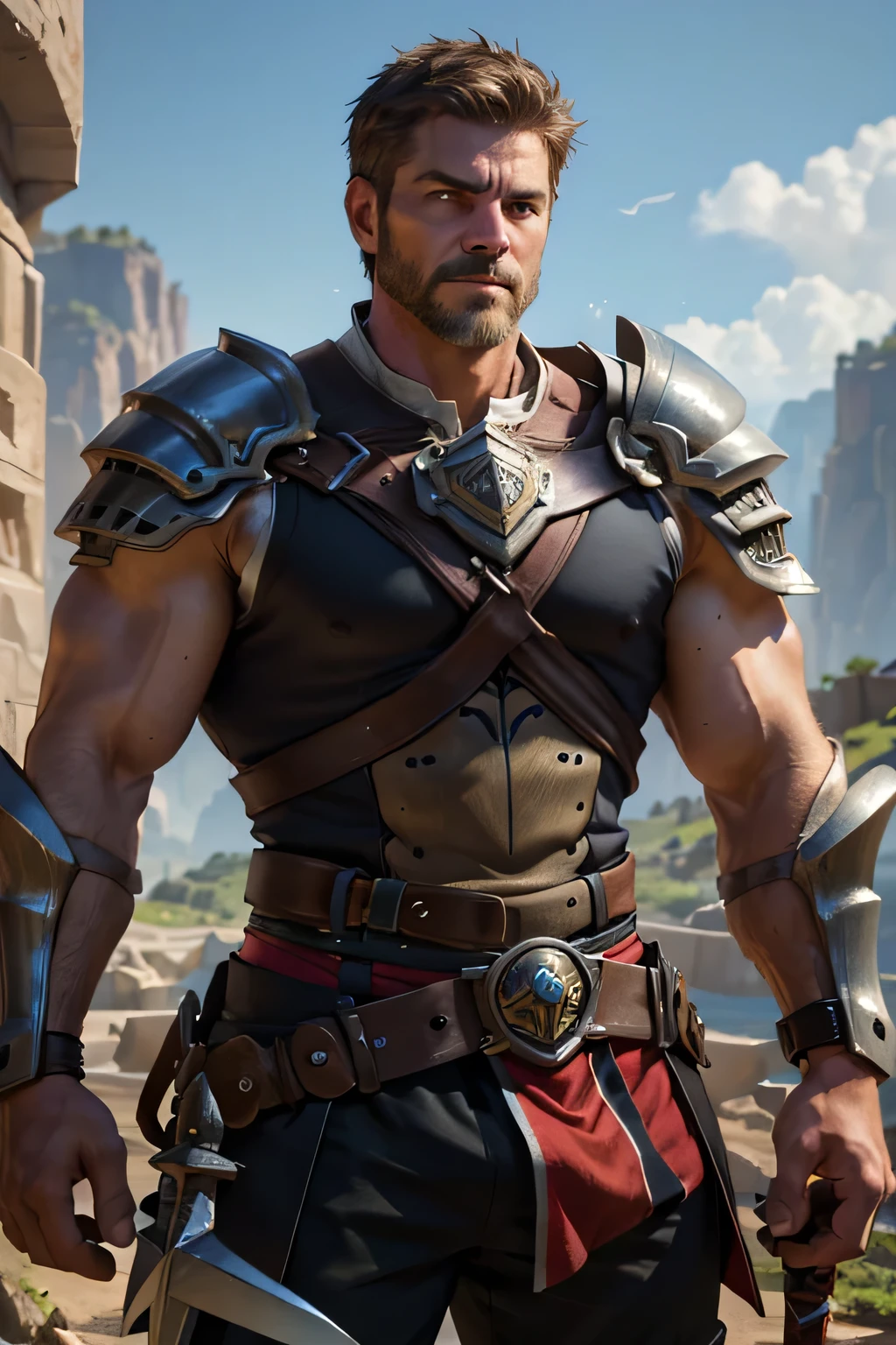 An award-winning original photo，A wild muscular man, (40 years old daddy:1.1), 1boy, Solo, (sleeveless fantasy style armor), (great sword on the shoulder), (black trouser), (big shoulders), musculature, stubbles, Short beard, Beautiful eyes:1.3, ), (Detailed face:1.3), grumpy face, Dynamic Angle, volumetric lighting, (Best quality, A high resolution, Photorealistic), Cinematic lighting, Masterpiece, RAW photo, Intricate details, hdr, depth of field, upper body shot, kingdom background, from above