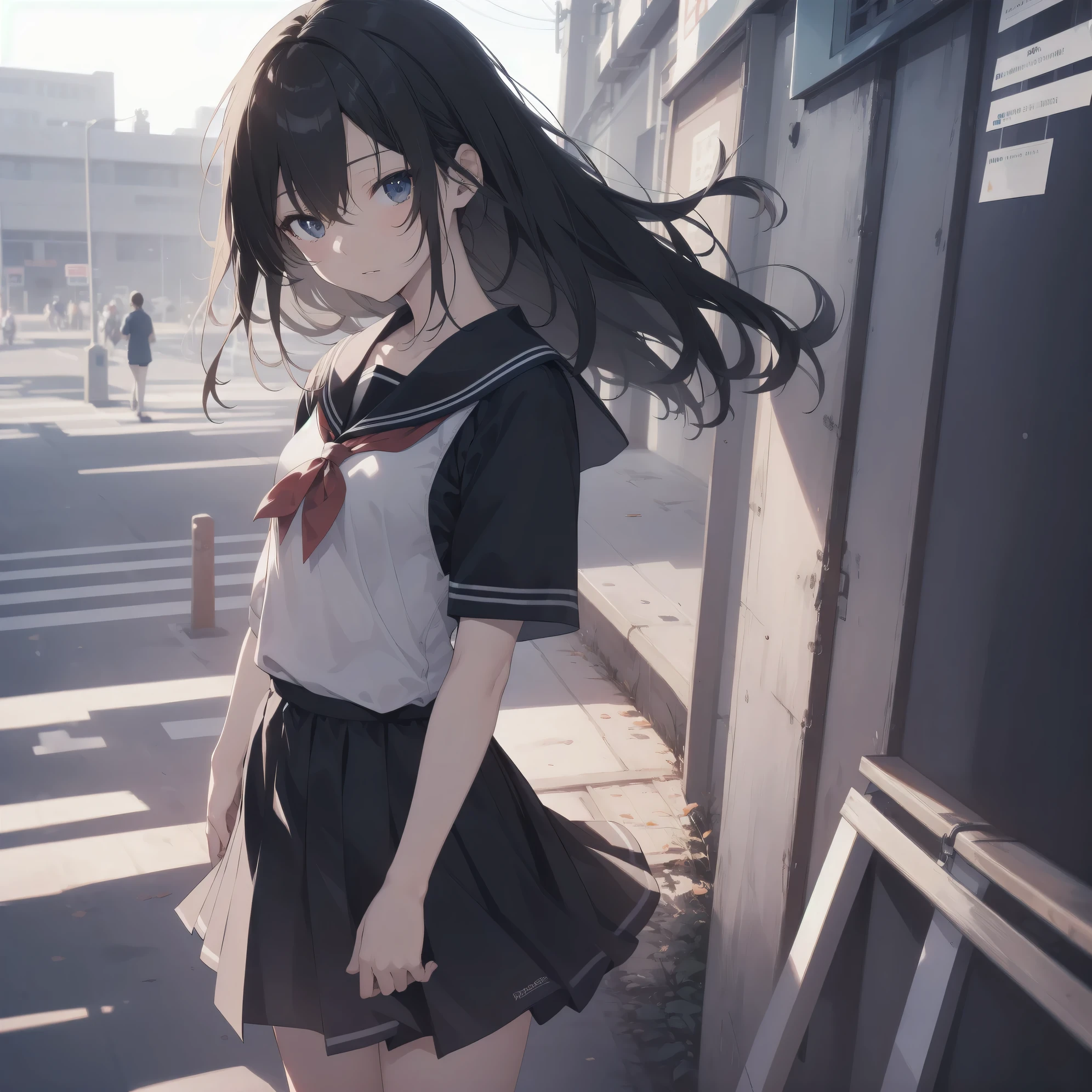 ultra-absurdres-Top quality by artist God, ultra-detailed, high resolution, anime moe artstyle, best anime 8k konachan wallpaper, pixiv contest winner, pool:2810, perfect anatomy,break, 1girl, (Please draw a girl walking sleepily to school alone. )break,(Solo,little female, 13-year-old:1.3),Full limbs, complete fingers,a junior high school student, (very short hair), short cut, flat chest, , small butt, small black eyes, beautiful detailed eyes, well-proportioned iris and pupils, expressive eyes, highres detailed hair, soft expression, salor school_uniform, sailor collar, serahuku, bow, pleated skirt,(Detailed Lighting), (Detailed background), in the School commute route. break,super detailed skin, Best cinematic lighting powered by famous artist, 8k,beauty illustration,photoshop_(medium),very aesthetic,break,((artist:houtengeki )), artist:clamp ,artist:carnelian ,artist:kantoku ,
