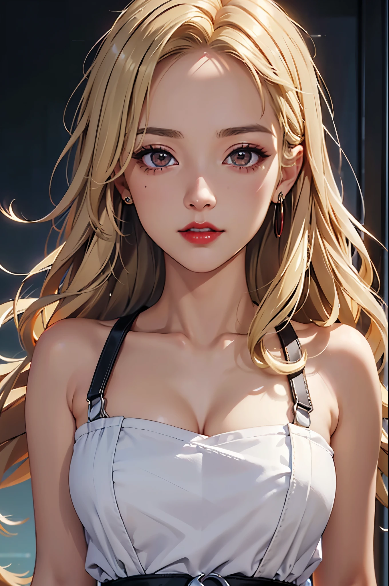 (Best quality at best,8K,A high resolution,tmasterpiece:1.2),Digital artwork, one girl，detailed face，detailed eyes，blonde hair，long straight hair，glowing amber eyes，red lip，Suspenders