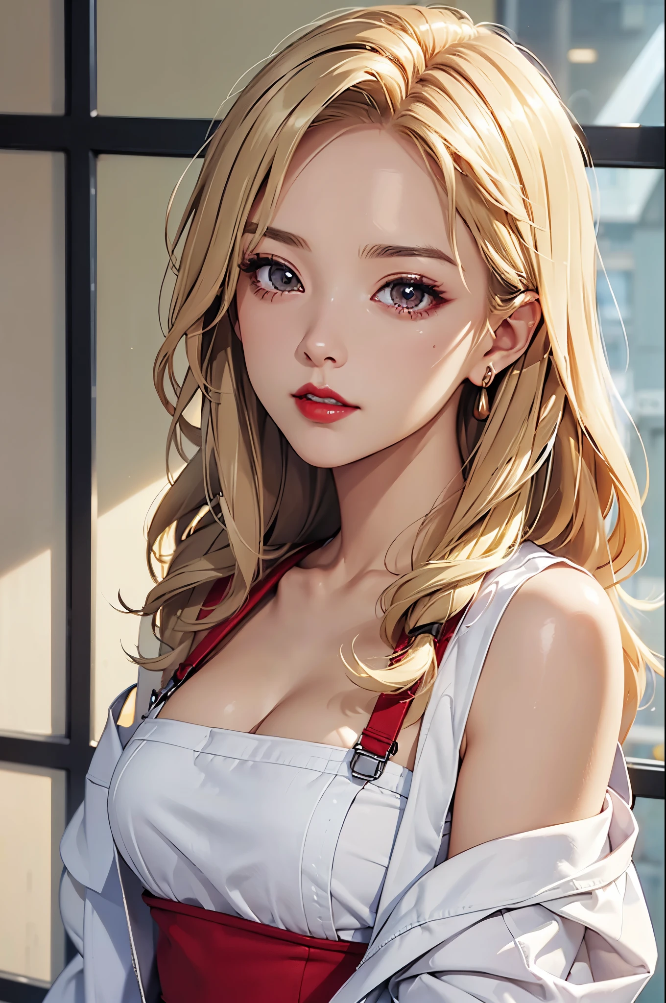 (Best quality at best,8K,A high resolution,tmasterpiece:1.2),Digital artwork, one girl，detailed face，detailed eyes，blonde hair，long straight hair，glowing amber eyes，red lip，Suspenders