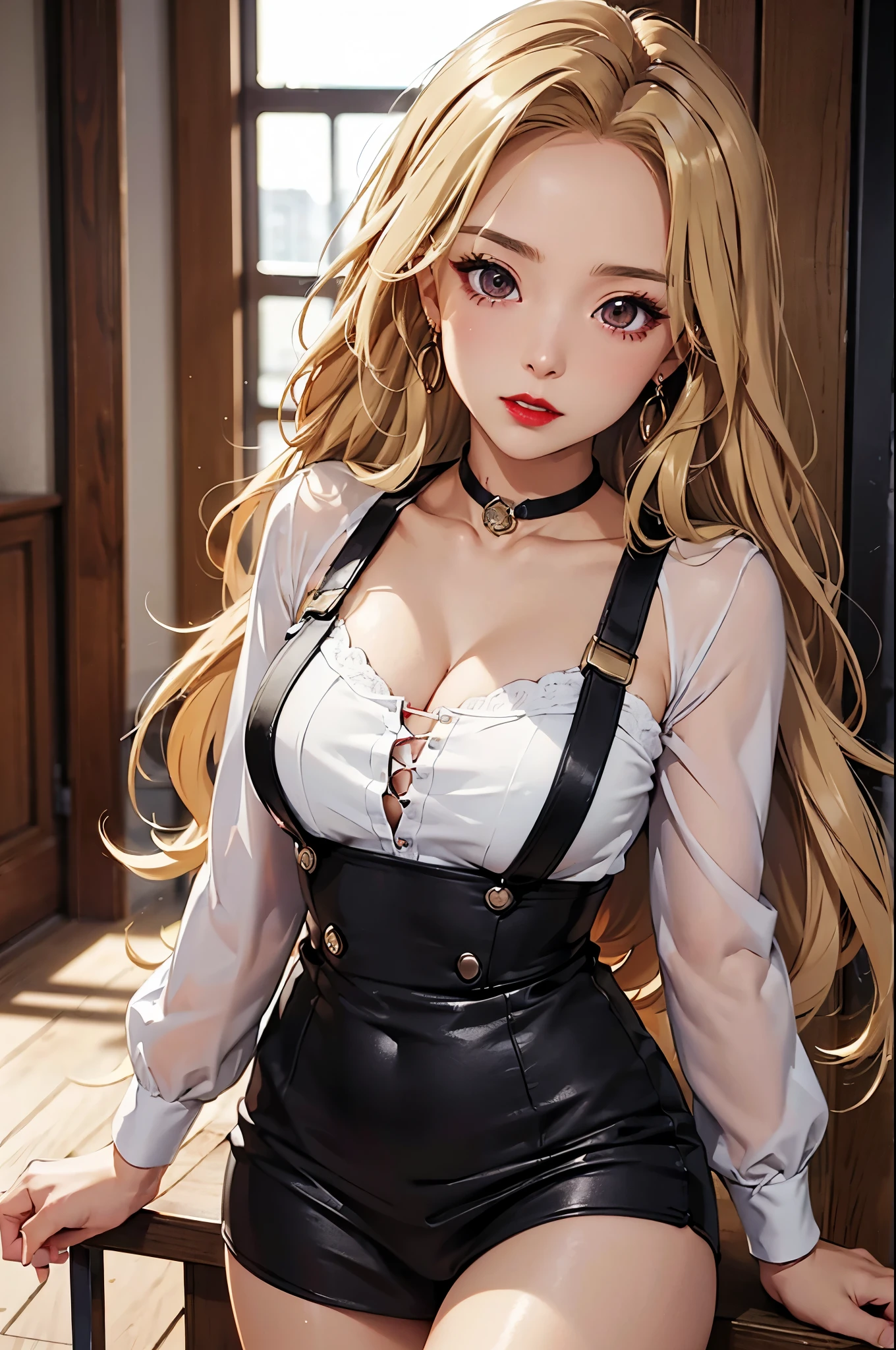 (Best quality at best,8K,A high resolution,tmasterpiece:1.2),Digital artwork, one girl，detailed face，detailed eyes，blonde hair，long straight hair，glowing amber eyes，red lip，Suspenders