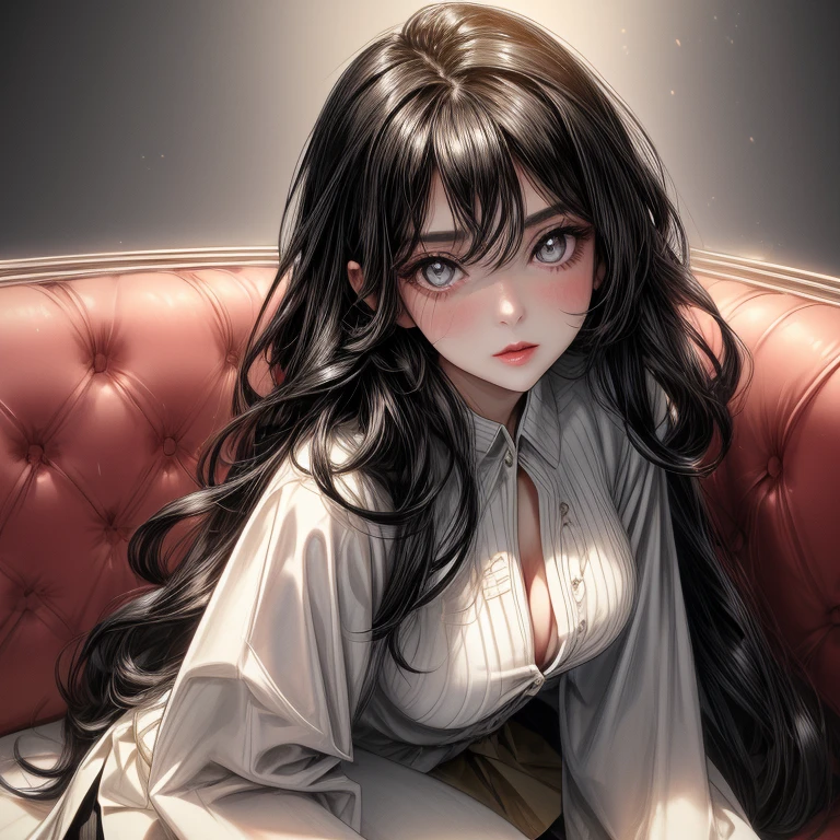 1woman, beautiful, kind and pretty face, a little embarrassed, a nice body, nice curves not too accentuated, long and wavy black hair, big black and bright eyes, she is wearing a knee-length skirt, a light shirt with one button undone, she is sitting on the sofa with her legs resting on top, bent almost under her bottom, she is very sensual, ((best quality)), ((masterpiece)), (detailed), (perfect face)