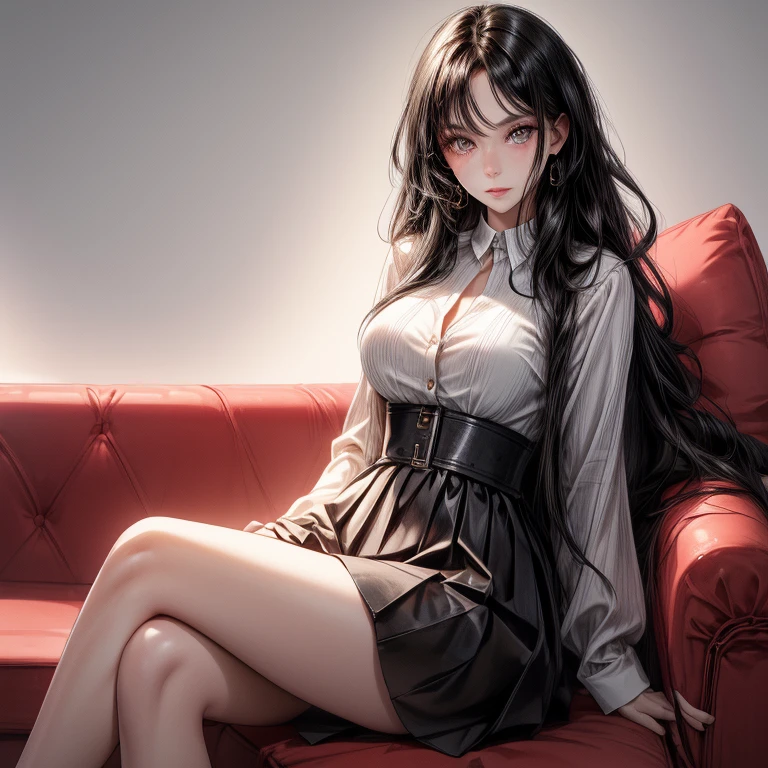 1woman, beautiful, kind and pretty face, a little embarrassed, a nice body, nice curves not too accentuated, long and wavy black hair, big black and bright eyes, she is wearing a knee-length skirt, a light shirt with one button undone, she is sitting on the sofa with her legs resting on top, bent almost under her bottom, she is very sensual, ((best quality)), ((masterpiece)), (detailed), (perfect face)