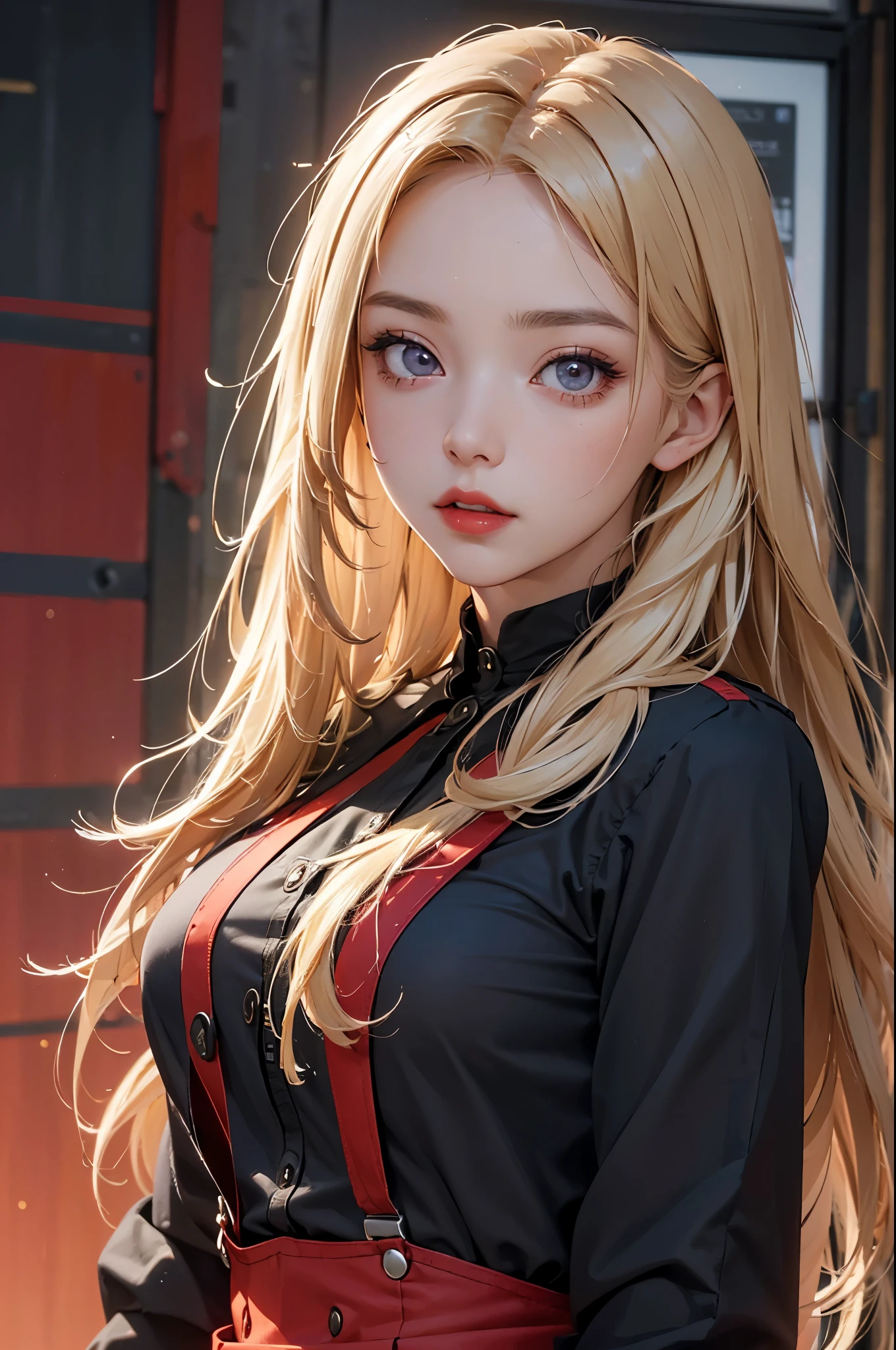 (Best quality at best,8K,A high resolution,tmasterpiece:1.2),Digital artwork, one girl，detailed face，detailed eyes，blonde hair，long straight hair，glowing red eyes，red lip，Suspenders