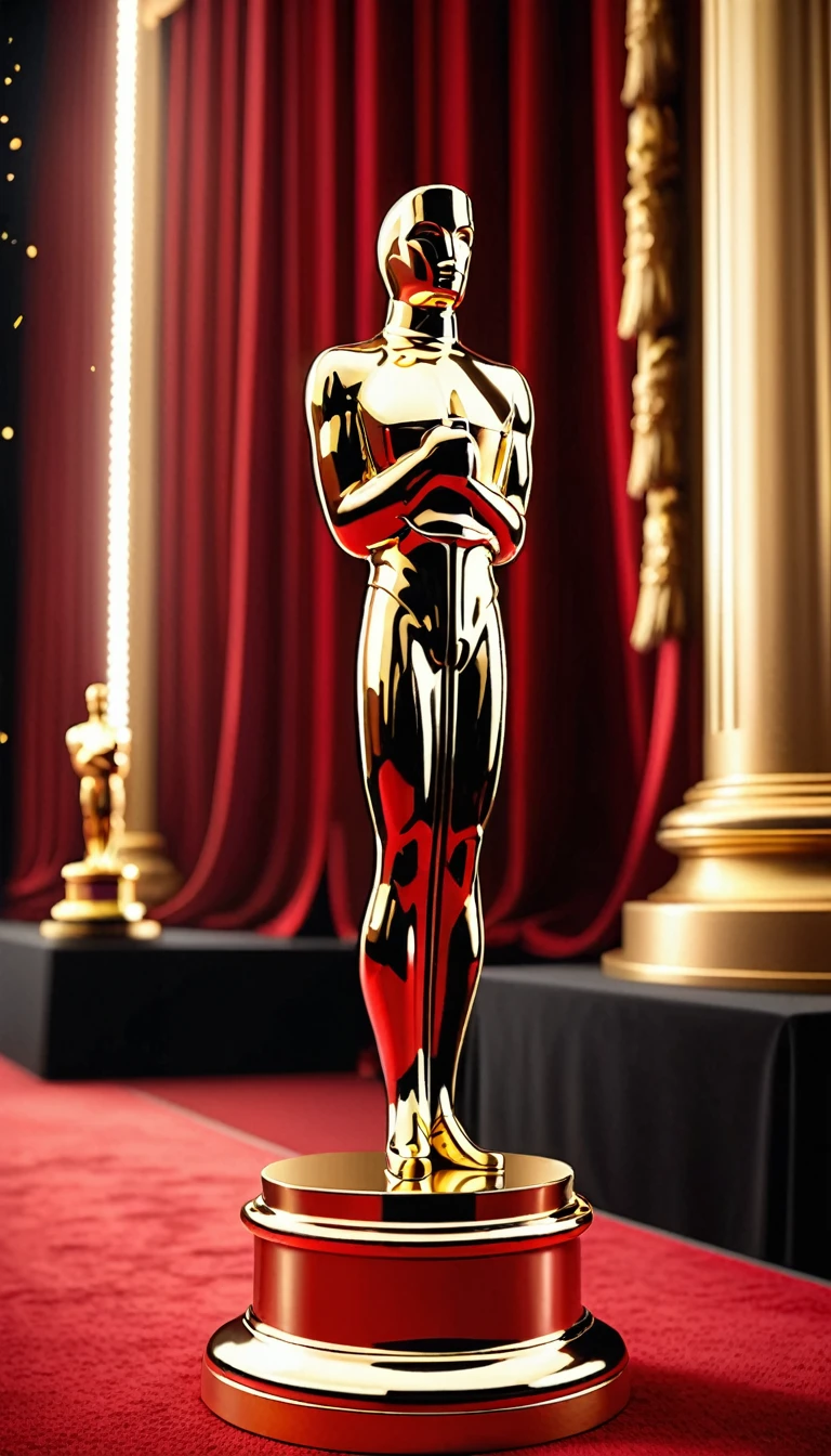 A golden trophy, golden Oscar, and movie award, (best quality, 4k, 8k, highres, masterpiece:1.2), ultra-detailed, (realistic, photorealistic, photo-realistic:1.37), Hollywood glamour, cinematic lighting, shining gold, glamorous red carpet, prestigious event, star-studded, dazzling stage, a crowd of excited celebrities, acceptance speech, sparkling dress, elegant tuxedos, exquisite craftsmanship, engraved details, iconic statuette, marvellous achievement, legendary talent, historic moment, memorable performance, suspenseful announcement, emotional reactions, paparazzi flashlights, joyful cheers and applause, prestigious film industry recognition, outstanding artistic merit, extraordinary talent, shining spotlight, directors, actors, actresses, producers, screenwriters, cinematographers, red velvet curtains, glamorous atmosphere, paparazzi frenzy, trophy raised high, dreams coming true.