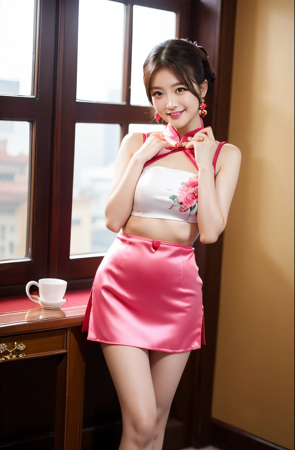 (highest quality、8k、masterpiece）、Pink satin mini skirt Chinese dress、立膝でWhite pantiesが見えている、（china clothes in mini skirts:1.4）,（White panties:1.5)、17 year old slender beauty，Flashy makeup using red eyeshadow，Open your mouth wide、Yōho、double eyelid，Delicate medium cut ponytail，squat、Spread your legs，　White pantiesーを見せる,彼女のWhite pantiesーがはっきりと見える、Sexy Chinese dress and silk mini skirt，The best smile，She is wearing a sexy short colorful cheongsam。。，Cheongsam with deep slit，Draw hands correctly，The background is the bright interior of a Chinese restaurant...，