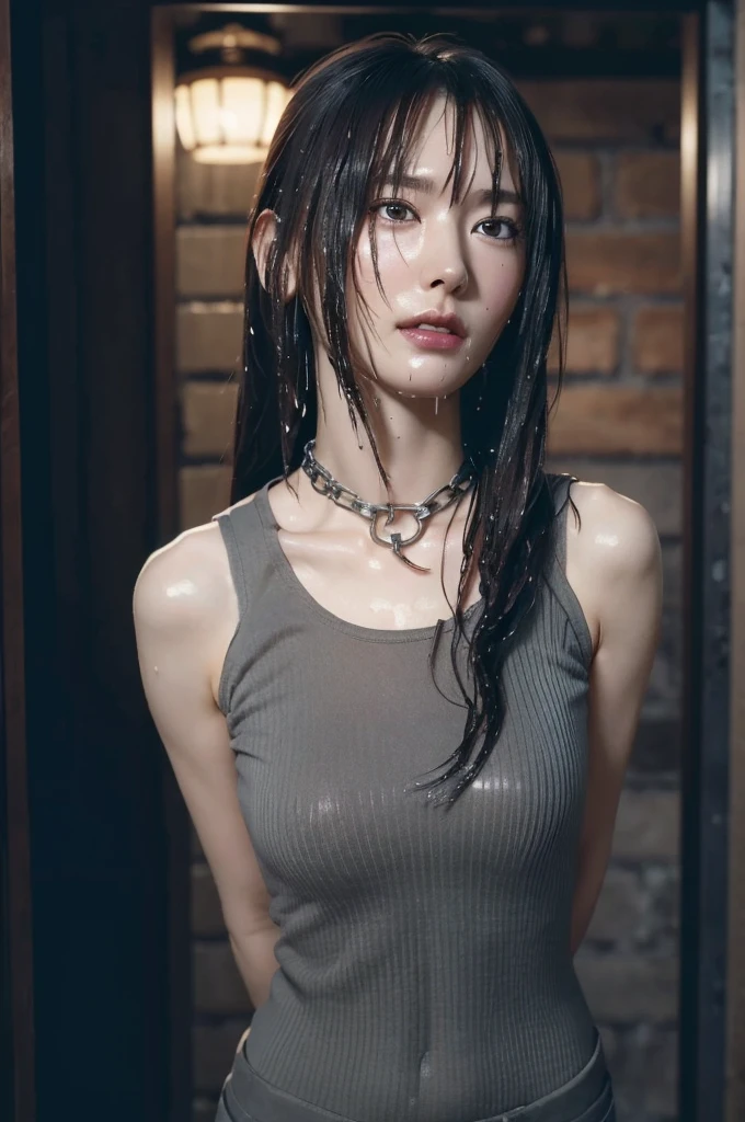 masterpiece,extremely detailed CG unity 8k wallpaper,best quality,realistic,photo-realistic,RAW photo,artistc,finely detail,award winning photo,Grand Prix Award photo,cinematic lighting,perfect body,thin weist,beautiful,cute,wet clothes,wet face,wet hair,sexy,erotic,seductive posture,underground prison,basement,dark prison,candle light,no window,prison made for stone,1girl,solo,torn clothes,clothes over naked,pubic hair,collar on a long thick chain,the viewer holding the chain,collar and long thick chain,handcuffs on a chain,angle from side,sexial attractive,sad,despair,tears,arms behind back,,full body