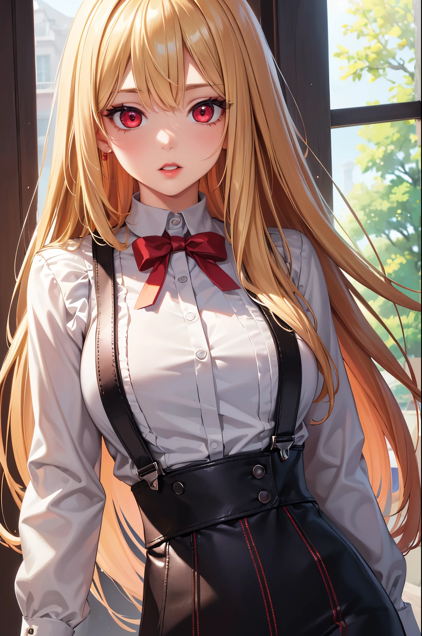 (Best quality at best,8K,A high resolution,tmasterpiece:1.2),Digital artwork, one girl,detailed face,detailed eyes,blonde hair,long straight hair,glowing red eyes,red lip,Suspenders