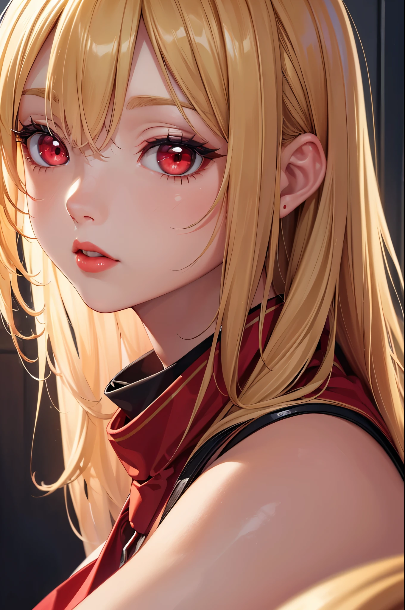 (Best quality at best,8K,A high resolution,tmasterpiece:1.2),Digital artwork, one girl,detailed face,detailed eyes,blonde hair,long straight hair,glowing red eyes,red lip,Suspenders