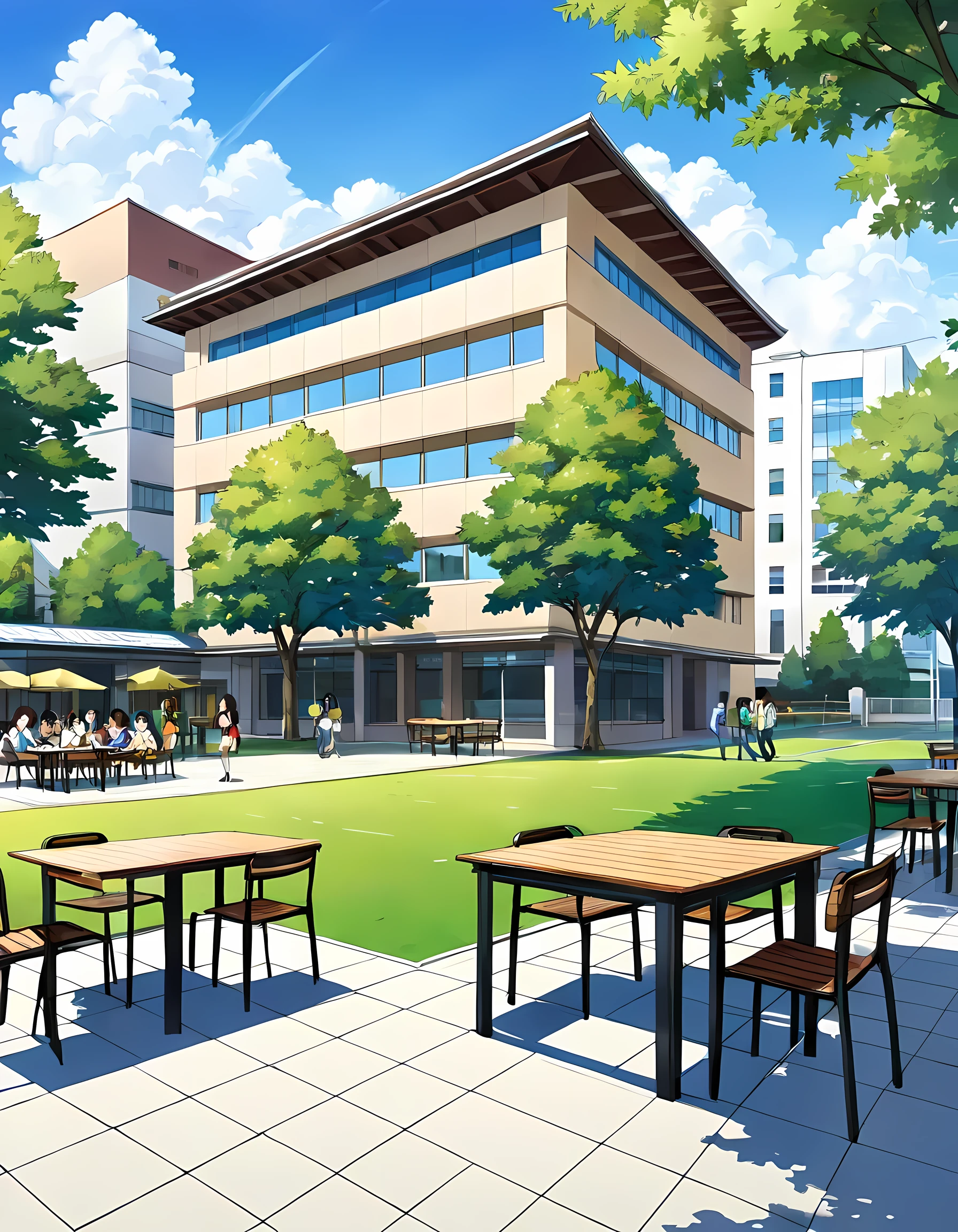 College campus,animated,image size 16:9, illustration,
glasses,
nakaniwa, tree, outdoors, table, food, day, building, cup