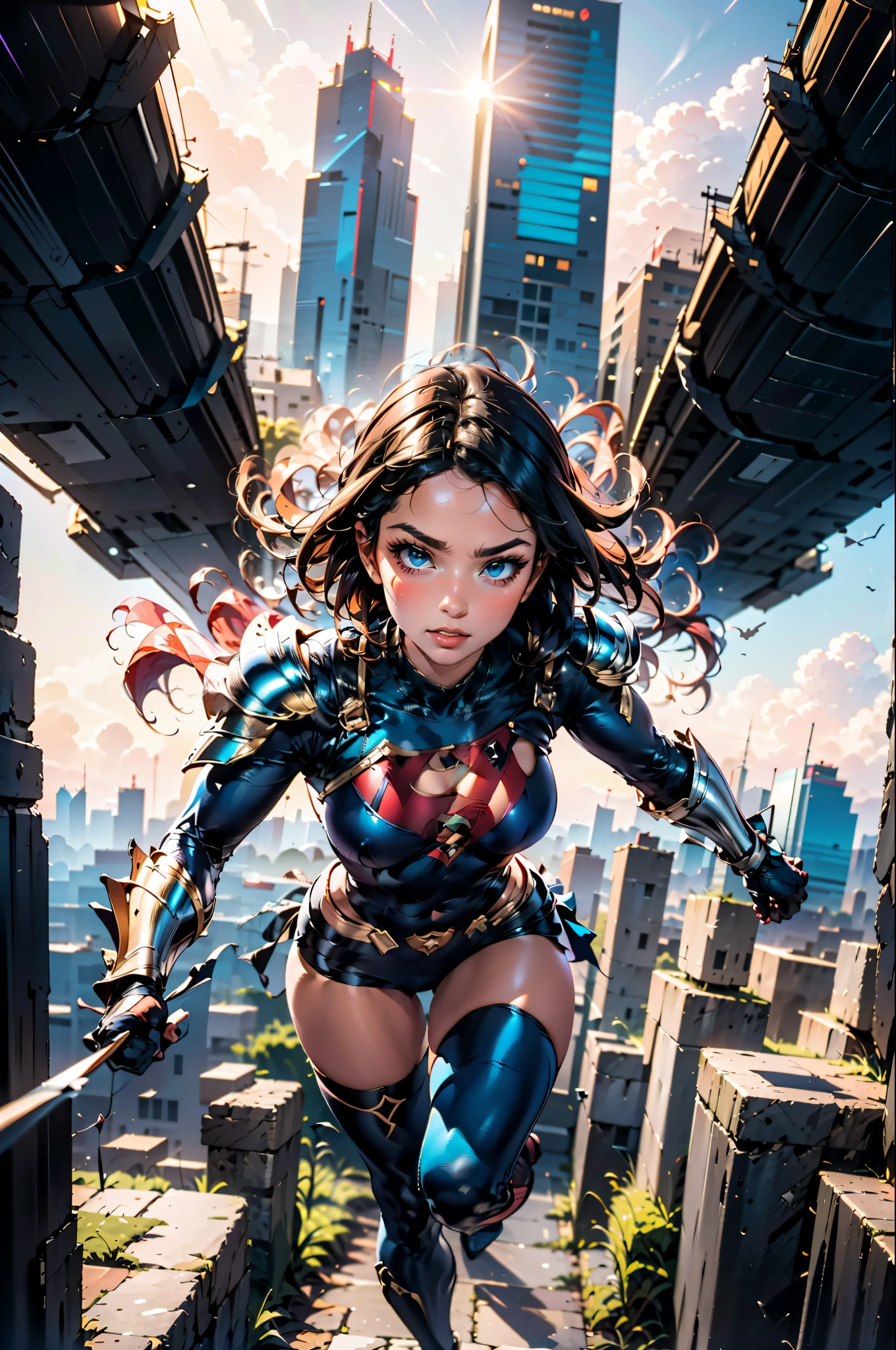 DC comics Power boy in elegant black iridescent armor flies through the middle of 4000 foot skyscrapers in futuristic city with six pack