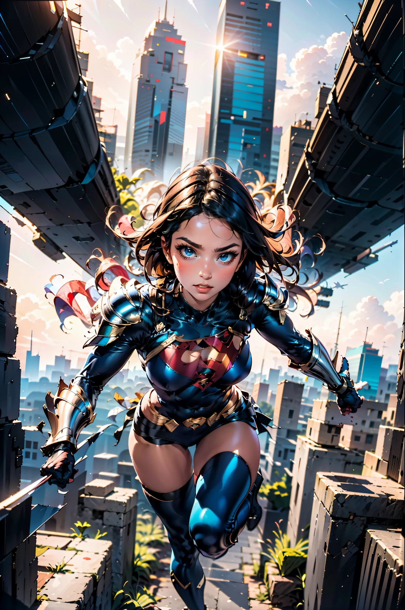 DC comics Power boy in elegant black iridescent armor flies through the middle of 4000 foot skyscrapers in futuristic city with six pack
