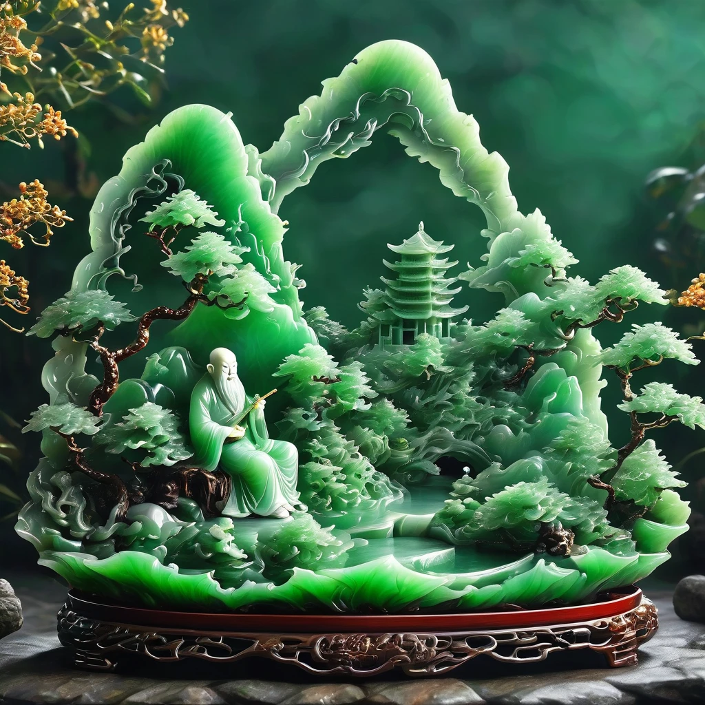 best quality, very good, 16K, ridiculous, Extremely detailed, Gorgeous mountain，Monk，Made of translucent jadeite, Background grassland（（A masterpiece full of fantasy elements）））， （（best quality））， （（Intricate details））（8k）