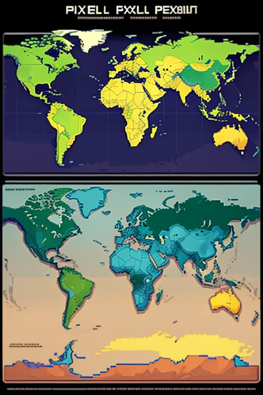 pixel art game style, pixel perfect with 32 colors, world map flat, map of the world on rectangle, shows altitude by color