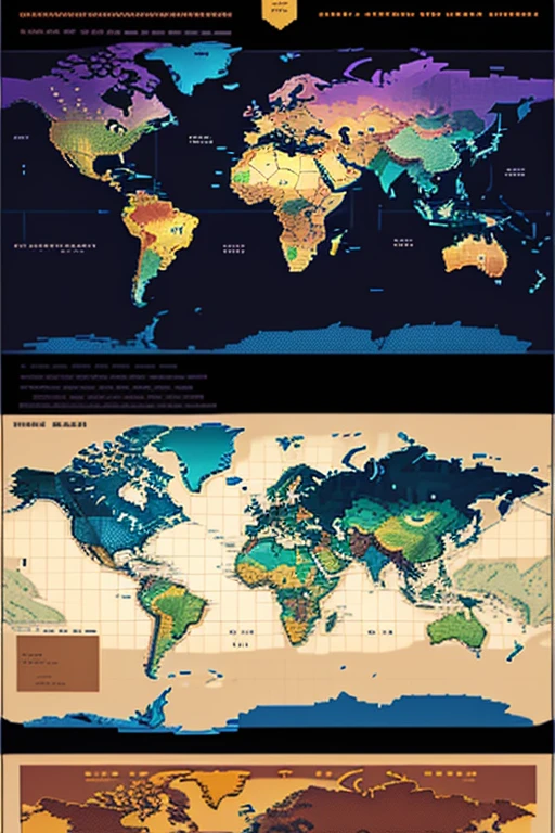 pixel art game style, pixel perfect with 32 colors, world map flat, map of the world on rectangle, shows altitude by color