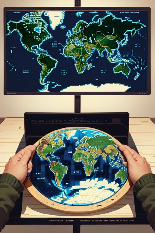 pixel art game style, pixel perfect with 32 colors, world map flat, map of the world on rectangle, shows altitude by color