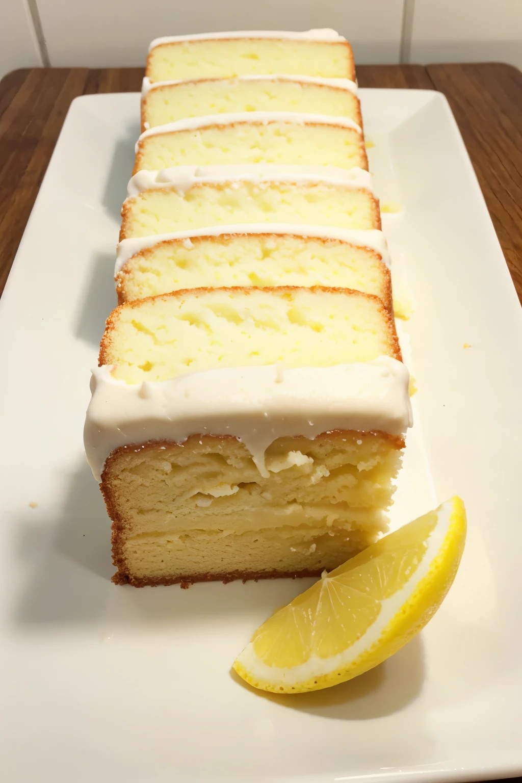 simple Lemon cake that is not yellow, but looks normal, piece cut from cake, cake doesnt look dry , not a layer cake, rectangle shape