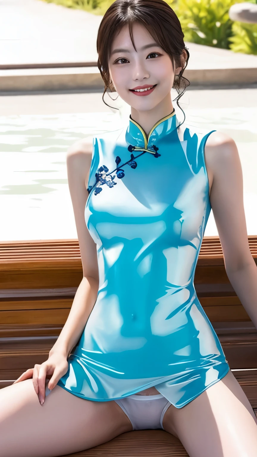 (Summer poolside:1.3),(Spread your legs:1.2), (highest quality:1.4), (High resolution:1.2), (Realistic:1.4),(From below:1.5), (8k, RAW Photos:1.2), (Sharp Focus:1.4),,spread legs、(show white panties:1.5),A girl wearing a lace-patterned mini Chinese dress is sitting on a bench and smiling while taking a photo。.............. ,(Sleeveless cheongsam:1.2),White panties、,Slime Skin,smooth tight cheongsam, Translucent skin,latex,,, Chinese dress that fits your skin,,Bob Hair,Silk material,Natural Makeup,Japanese Goddess,Detailed Background,on the road