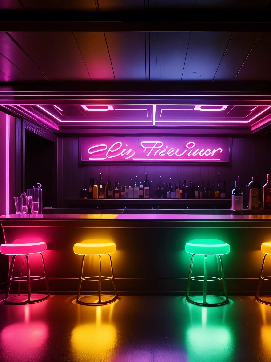 bar interier design, neon light, ultra detailed, high quality, 8k resolution
