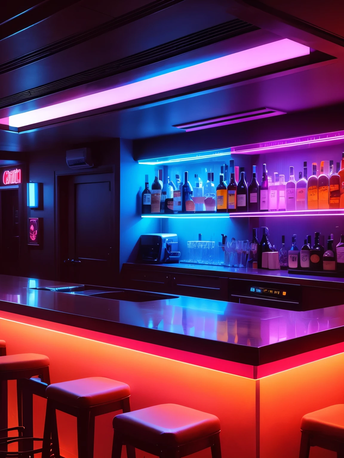 bar interier design, neon light, ultra detailed, high quality, 8k resolution
