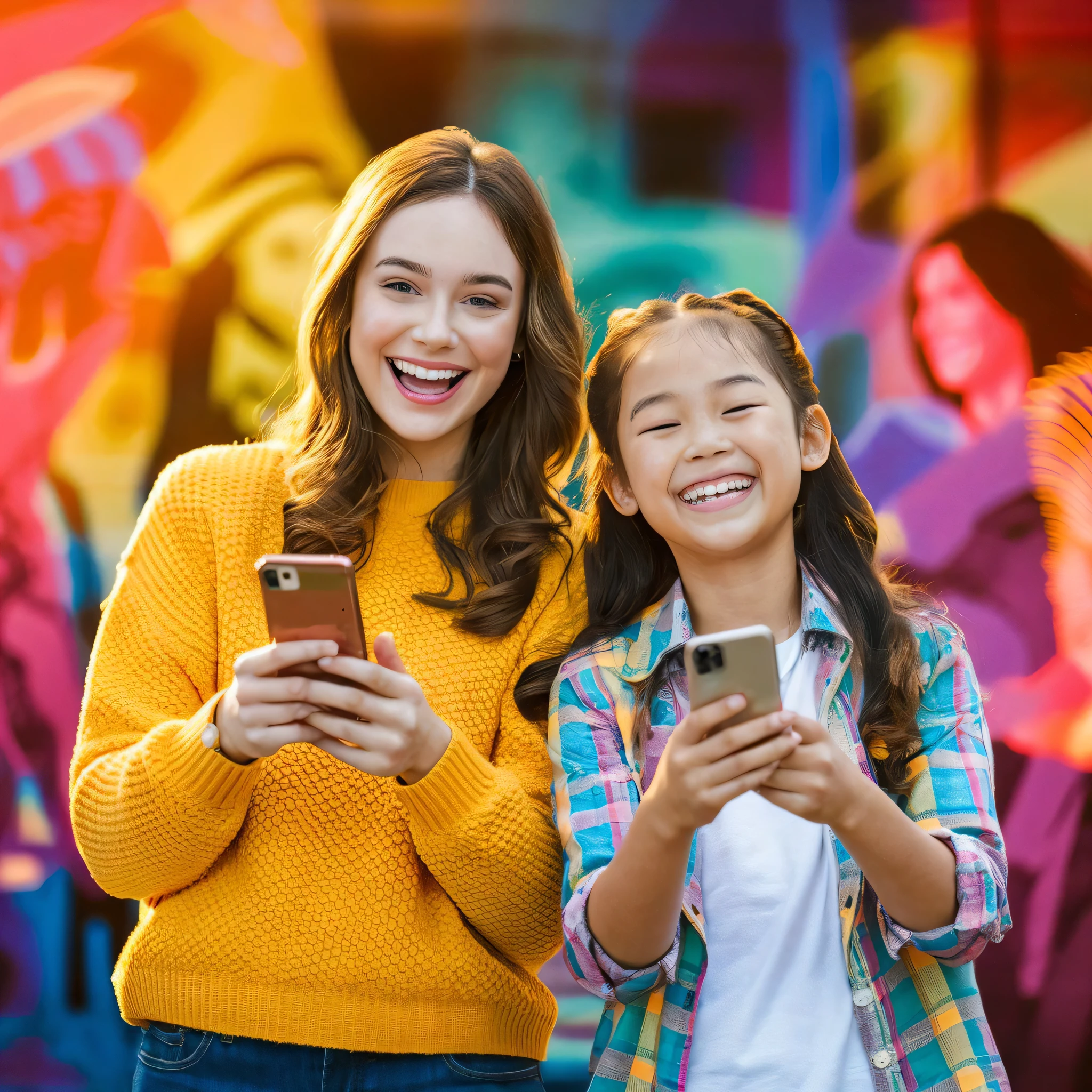 highres,realistic,portrait,painting,two girls,smiling,joyful expressions,young adult,yellow sweater,plaid shirt,standing together,holding cell phones,vivid colors,lively background,colorful lighting
