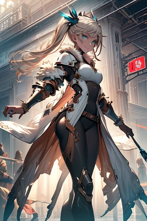 High resolution,Sharp focus,(Super detailed,Very detailed),(Very detailed CG unity 8k wallpaper),(((Vibrant colors))),
Iooiklas,Platinum Blonde Hair,Twin tails, hair ornaments, White Dress, Black knee socks,
Removable sleeves,Complex eyes,Beautiful fine details,Symmetrical eyes,Big eyes:1.5,Seductive eyes,
(((dark skin,dark_skin,lustrous skin:1.5,bright skin: 1.5,
skin tanned,shiny skin,very shiny skin,Shiny body,plastic glitter
skin,exaggerated shiny skin,illuminated skin))),
(,Detailed body,(Detailed face)), cute,Lewd,erotic,Bold,Camel toe revealing outfit,show skin,(((Sexy aqua fur coat, Aqua fur coat outfit,
wearing a Ice Dress:1.3,aqua 冬 coat))), ((Ice Dress,elegant Ice Dress)),
(White gloves,White clothes,(((Complex outfit,Complicated clothes,Embroidered costume,Glamorous costumes,Embroidered clothes,An intricately decorated golden wand floats in the air,
1 girl,Robot unit,
(((Glamorous clothing))),skinsuit, Bodysuits, pantyhose,Domineering smile,
A giant robot with a dark red Western armor motif on its back,A red light shines through the gaps in the armor,Side view,