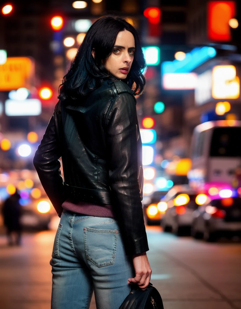 RAW photo, 25 y.o woman, jessicajones, leather jacket, jeans, night, city street, (high detailed skin:1.2), 8k uhd, dslr, soft lighting, high quality, film grain, Fujifilm XT3  back view, ass 