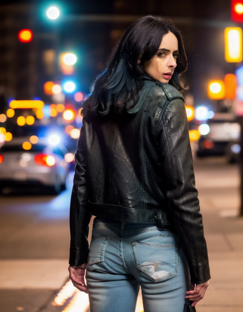 RAW photo, 25 y.o woman, jessicajones, leather jacket, jeans, night, city street, (high detailed skin:1.2), 8k uhd, dslr, soft lighting, high quality, film grain, Fujifilm XT3  back view, ass 