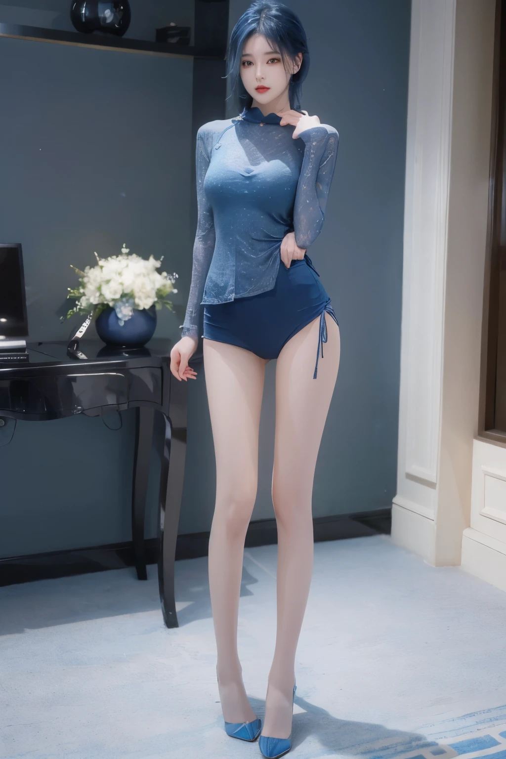 Highest image quality, The best and perfect face, The best and perfect whole body, The best and most perfect cute look, Blue Hair, Standing posture
