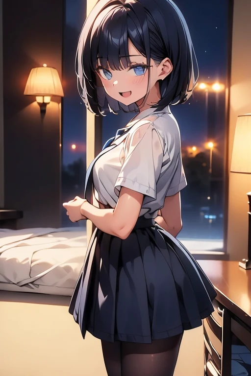 1girl, short black hair, blue eyes, wearing blue skirt, bedroom, on bed, absurdres, high res, ultrasharp, 8K, masterpiece, looking at viewer, from behind, war