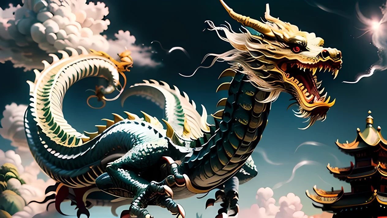 （（best qualtiy））， （（tmasterpiece））， （A detailed），in a panoramic view，Chinese loong，mythological beasts，photorealestic，mito，chinesedragon，Quaint，Bio mech， perched on a cloud，Chinese architecture，mistic，Homem-Imponente