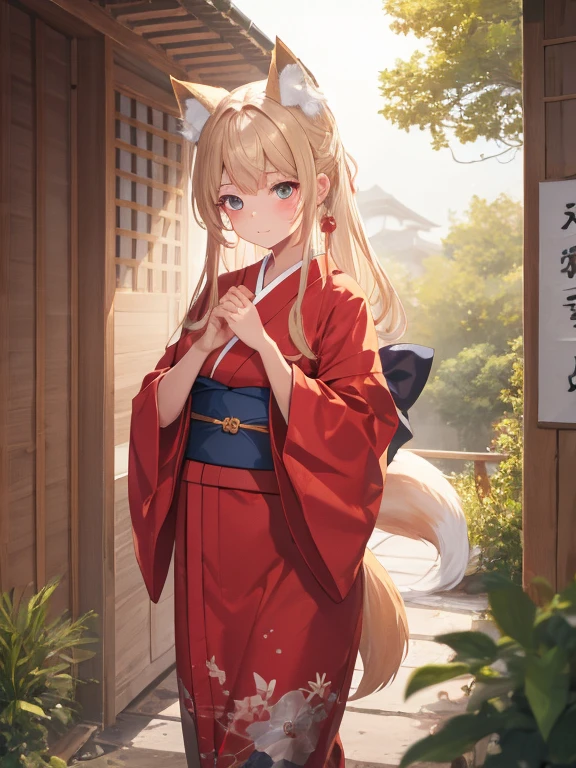 masterpiece, highest quality, Very detailed, 16k, Ultra-high resolution, Cowboy Shot, One 14-year-old girl, Detailed face, Perfect Fingers, Fox Ears, tail, Golden Eyes, Blonde, Long Hair, Red kimono, Japanese garden, Gravel road, Big Stone, Plants, take a walk