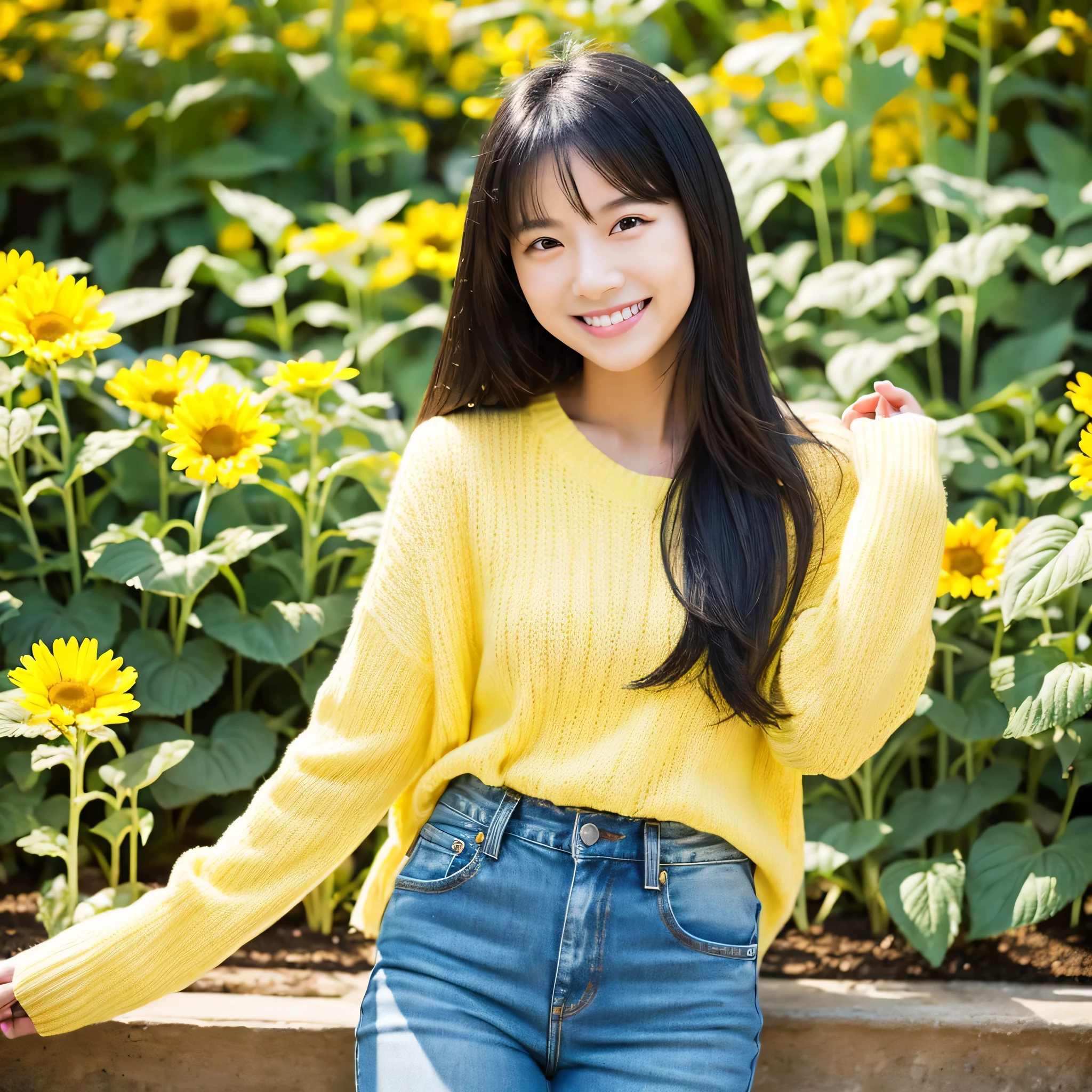 Asian girl, adult girl, 1girl, sexy, cute, smile, white skin, long hair, black hair, yellow sweater, blue jeans, garden, sunflower
